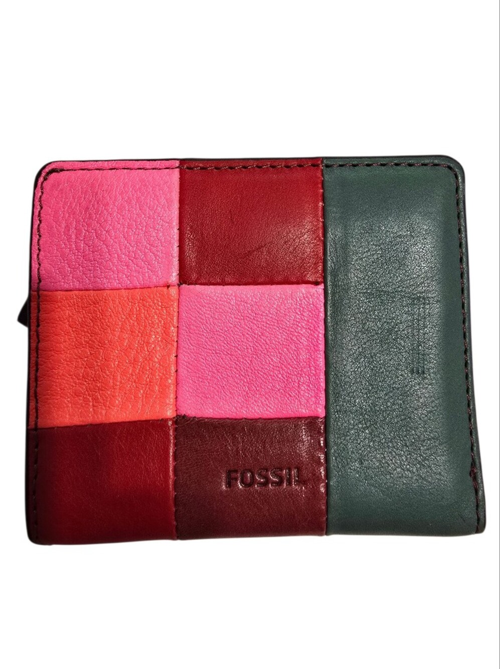 Fossil Patchwork Leather Card Case in Pink, Coral & Green